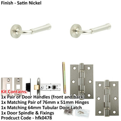 Door Handle & Latch Set Satin Nickel Grooved Premium Rounded Lever Round Knurled On Rose