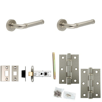 Door Handle & Latch Set Satin Nickel Knurled-Edged Premium Rounded Lever Round Plain On Rose