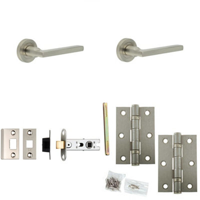 Door Handle & Latch Set Satin Nickel Mitred Lever Round Plain On Rose