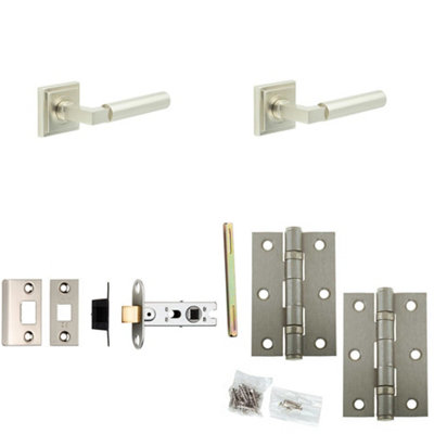 Door Handle & Latch Set Satin Nickel Mitred Premium Rounded Lever Square Stepped On Rose