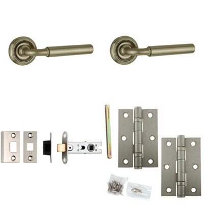 Door Handle & Latch Set Satin Nickel Rounded Premium Rounded Lever Round Recessed On Rose