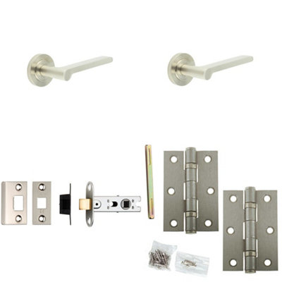 Door Handle & Latch Set Satin Nickel - Slim Rounded Lever Round Plain On Rose