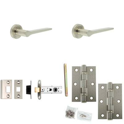 Door Handle & Latch Set Satin Nickel Slim Rounded Lever Round Plain On Rose