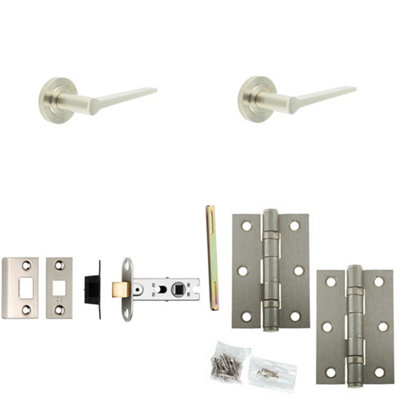 Door Handle & Latch Set Satin Nickel Slim Tapered Lever Round Chamfered On Rose
