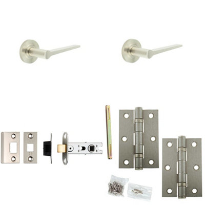 Door Handle & Latch Set Satin Nickel Slim Tapered Lever Round Knurled On Rose