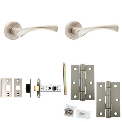 Door Handle & Latch Set Satin Nickel - Twisted Lever Round Plain On Rose