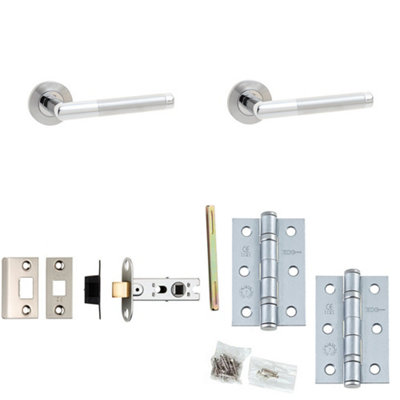 Door Handle & Latch Set Stainless Steel Knurled Premium Rounded Lever Round Plain On Rose
