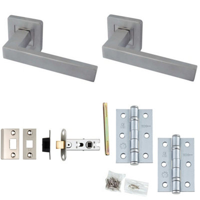 Door Handle & Latch Set Stainless Steel Mitred Lever Square Plain On Rose