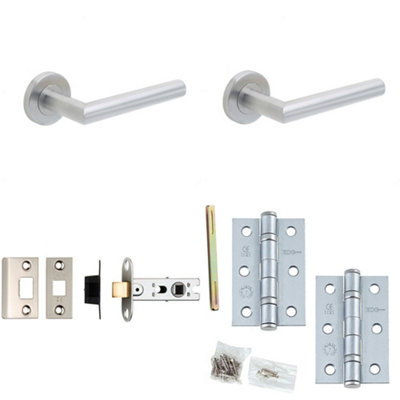 Door Handle & Latch Set - Stainless Steel Mitred Premium Rounded Lever Round Plain On Rose