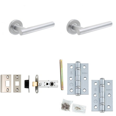 Door Handle & Latch Set - Stainless Steel Premium Rounded Lever Round Plain On Rose