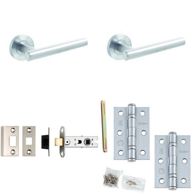 Door Handle & Latch Set Stainless Steel Premium Rounded Lever Round Plain On Rose
