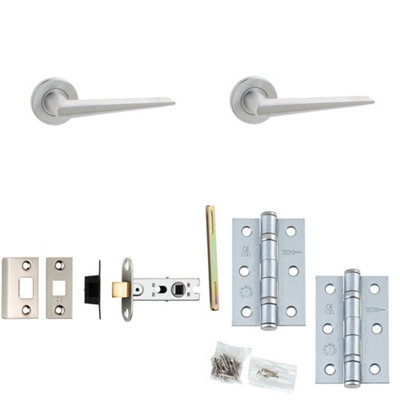 Door Handle & Latch Set Stainless Steel Slim Mitred Lever Round Plain On Rose