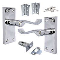 Door Handle Pack Scroll Lever Latch Hinges - Chrome 118 x 40mm
