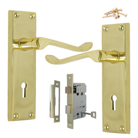 Door Handles Brass Finish Victorian Scroll Lock + 64mm 3 Lever Lock + 2 Keys