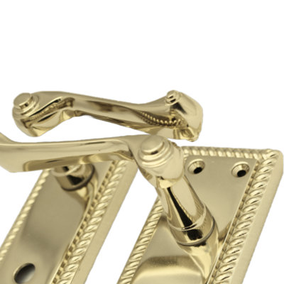 Pair Of Georgian Style Door Handles - Brass Finish, Roped Edge Lever Latches