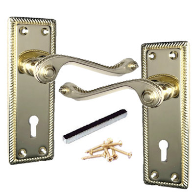 Door Handles Lever Lock Roped Edge Brass 150mm x 50mm DIY