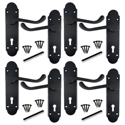 Door Handles Matt Black Epsom Victorian Scroll Lever Lock 4 Pairs