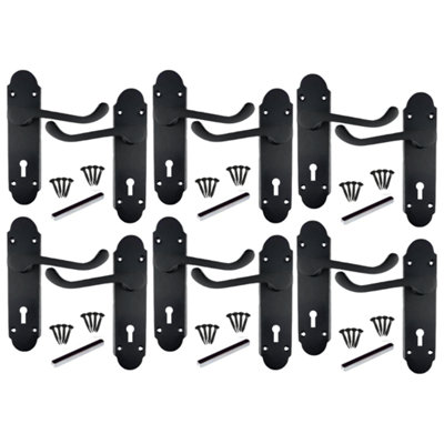 Door Handles Matt Black Epsom Victorian Scroll Lever Lock 6 Pairs