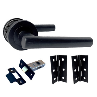 Door Handles Matt Black T Bar Lever on ROUND ROSE Door Pack inc Hinges & Latch