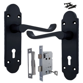 Door Handles Matt Black Victorian Lock Scroll on Shaped Back Plate & Lock + Keys