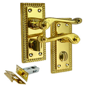 Door Handles Polished Brass Georgian Suite Privacy WC Bathroom Pack with Latch