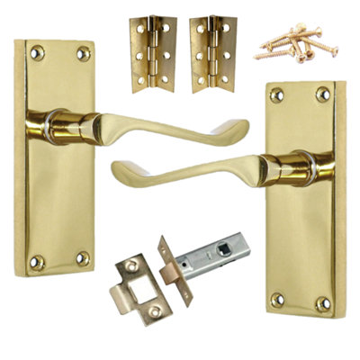 Door Handles Scroll Lever Internal Latch - Brass Pack Hinges 118 x 40mm