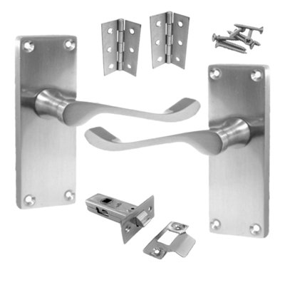 Door Handles Scroll Lever Internal Latch - Chrome Satin Pack Hinges 118 x 40mm