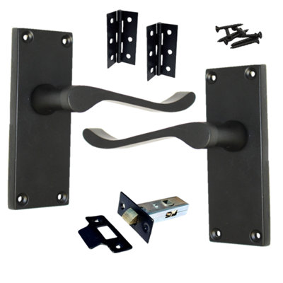 Door Handles Scroll Lever Internal Latch - Matt Black Pack Hinges 118 x 40mm