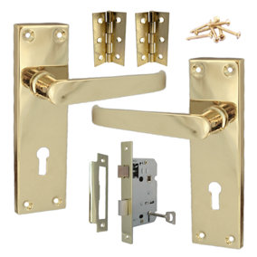 Door Handles Straight Lever Lock Keys Hinge Set - Brass 150 x 40mm