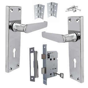 Door Handles Straight Lever Lock Keys Hinge Set - Chrome 150 x 40mm