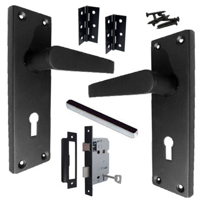 Door Handles Straight Lever Lock Keys Hinge Set - Matt Black 150 x 40mm ...