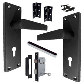 Door Handles Straight Lever Lock Keys Hinge Set - Matt Black 150 x 40mm