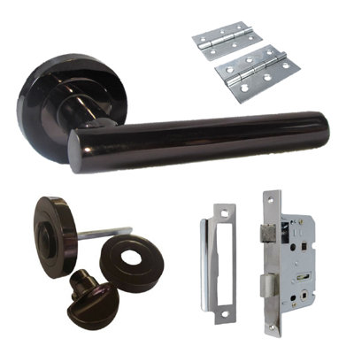 Door Handles Straight Lever on Rose Thumb turn & Lock & Hinges - Black Nickel