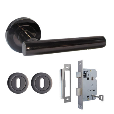 Door Handles T Bar Straight Lever on Rose Escutcheon & Lock - Black Nickel