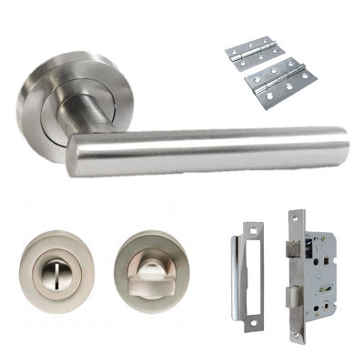 Door Handles T Bar Straight Lever on Rose Thumb turn & Lock & Hinges - Satin