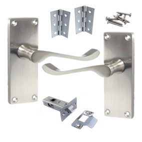 Door Handles Vic Scroll Lever Internal Latch - Satin 118 x 40mm With Hinges & Latch