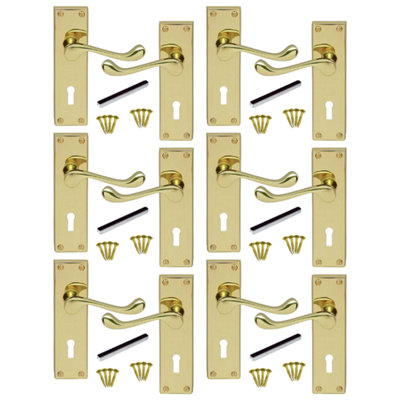 Door Handles Victorian Scroll Lever Lock - Brass 6 Pairs
