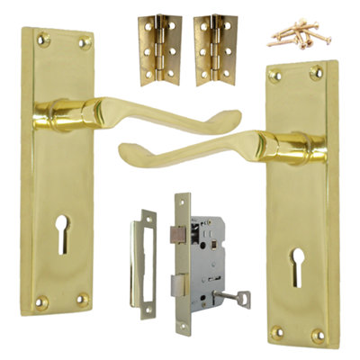 Door Handles Victorian Scroll Lever Lock - Brass Pack Hinges 150 x 40mm