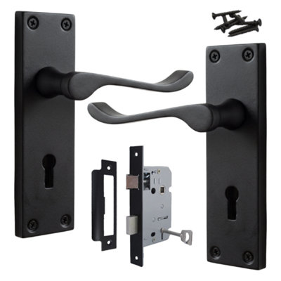 Door Handles Victorian Scroll Lever Lock - Matt Black Pack 150 x 40mm