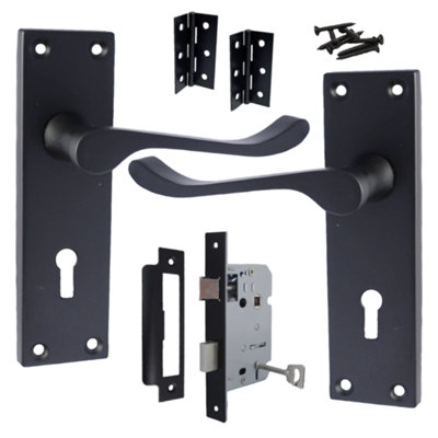 Door Handles Victorian Scroll Lever Lock - Matt Black Pack Hinges 150 x ...