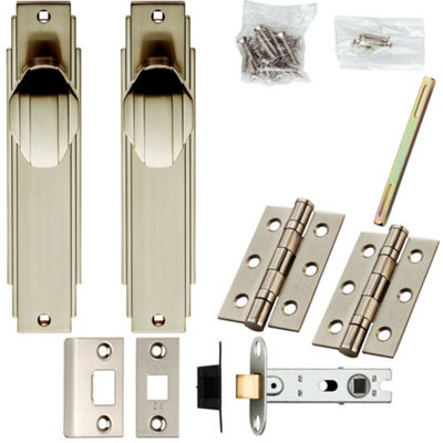 Door Knob & Latch Pack Satin Nickel Art Deco Premium Lever Slim