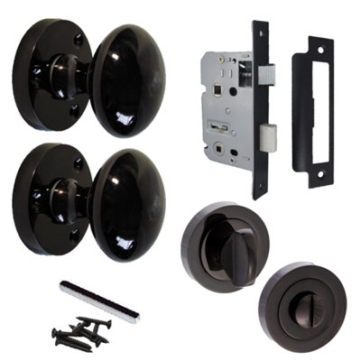 Door Knobs Round Victorian Mortice Knob Sprung - Black Nickel Thumbturn Lock Pack 56mm