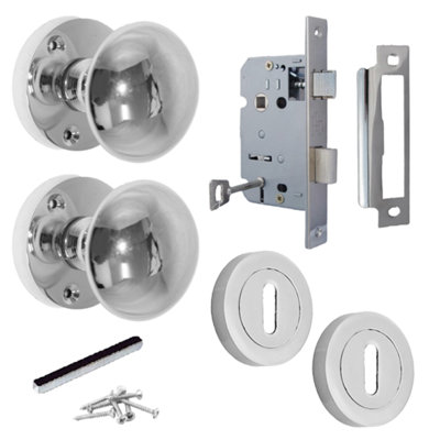 Door Knobs Round Victorian Mortice Knob Sprung - Chrome Escutcheon Key Lock Pack 56mm