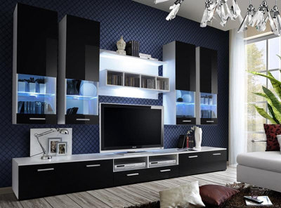 Dorade Entertainment Unit W300cm x H190cm x D45cm in Black Gloss with LED Lighting