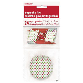 Dotted Christmas Muffin Cases With Picks (Pack of 48) White/Green/Red (One Size)