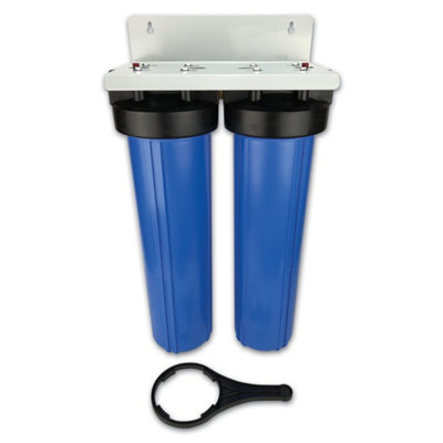 Double 20" Jumbo Water Filter Housing with 1" Brass Ports, Bracket and Pressure Release Valve