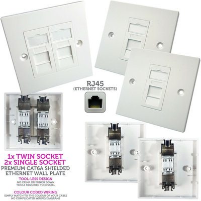 Double & 2x Single CAT6a Shielded Wall Plates RJ45 Data Socket Outlet DIY at B&Q