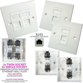 Double & 2x Single CAT6a Shielded Wall Plates RJ45 Ethernet Data Socket Outlet