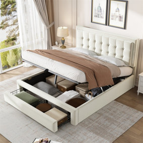 Double Bed-4ft6(135x190cm), Velvet Fabric, Large Storage Space, With Slats and Headboard, Without Mattress, Cream