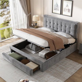 Double Bed-4ft6(135x190cm), Velvet Fabric, Large Storage Space, With Slats and Headboard, Without Mattress, Grey